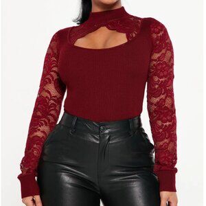 FASHION NOVA LACE TURTLE NECK BURGUNDY WINE KNIT JUMPER - MEDIUM